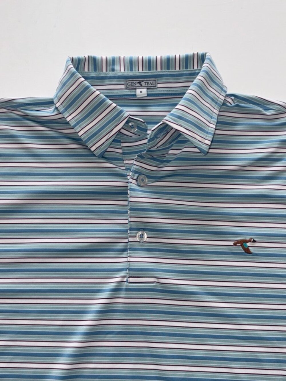 Men's GenTeal Stripe Performance Short Sleeve Polo Shirt size M Duck Casual